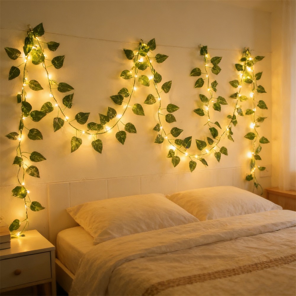 Outdoor Power For Wedding - LED Grüne Rattan-Blatt Lichterkette Batteriebetrieben für