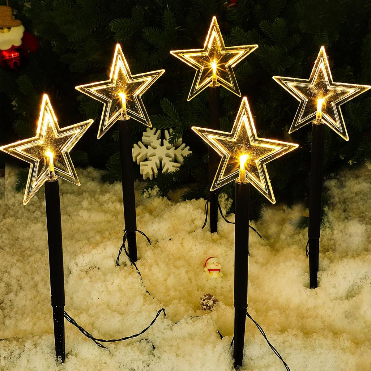 Outdoor Solar Power Xmas Lights - 5 Stück Weihnachts-Wege-Lichter, wasserdicht, Schneeflocke/Weihnachtsbaum/Stern mit