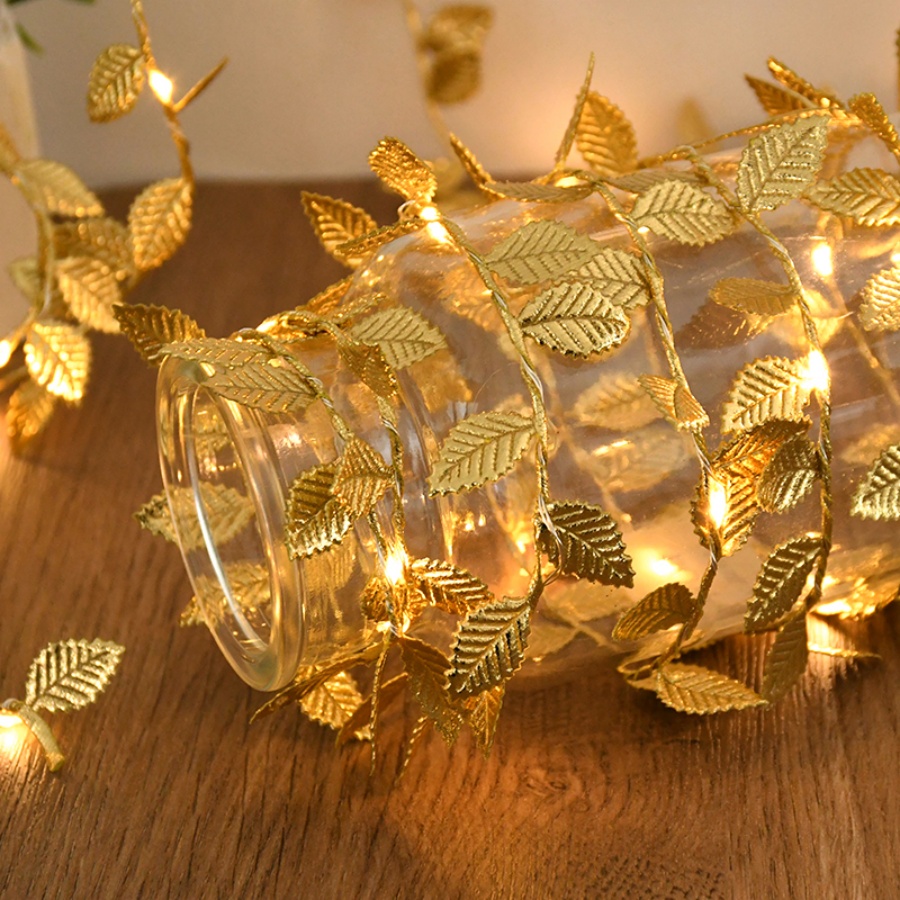 Outdoor Power For Wedding - Goldene Blatt-Rattan-Kupferdraht-Lichterkette, batteriebetrieben, für Weihnachten, Hochzeit,